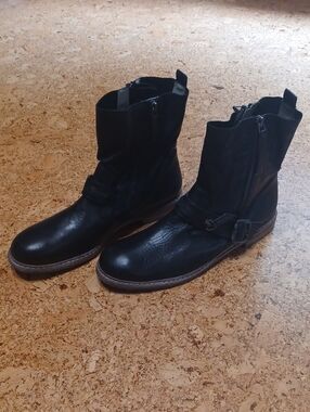 Paul Green Men's Black Leather Double Zip Moto Boots Size 8